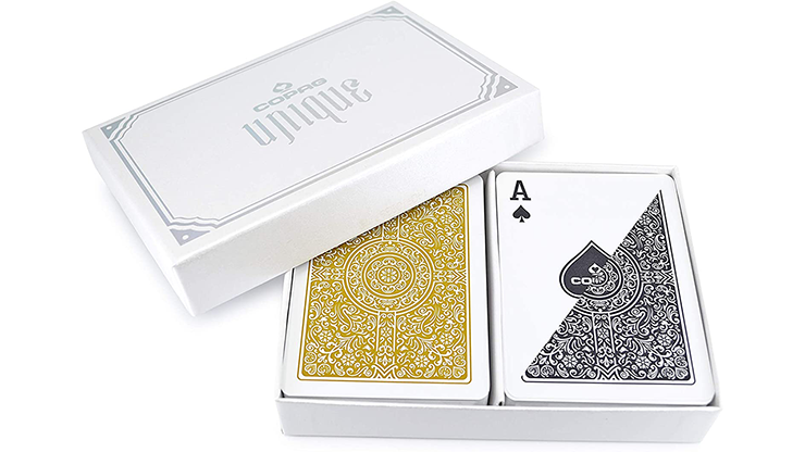 Copag Unique Plastic Playing Cards Poker Size Regular Index Black and Gold Double-Deck Set Copag Unique Plastic Playing Cards Poker Size Regular Index Black and Gold Double-Deck Set