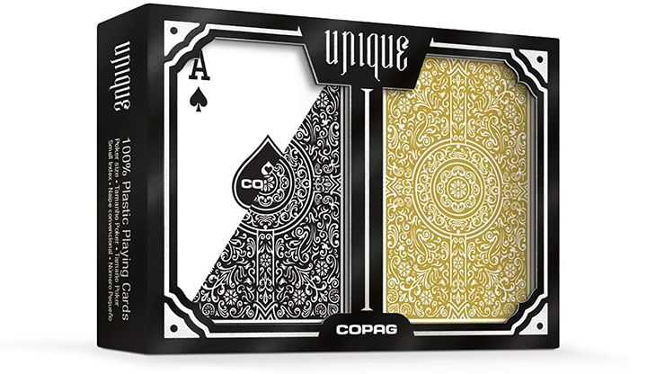 Copag Unique Plastic Playing Cards Poker Size Regular Index Black and Gold Double-Deck Set Copag Unique Plastic Playing Cards Poker Size Regular Index Black and Gold Double-Deck Set